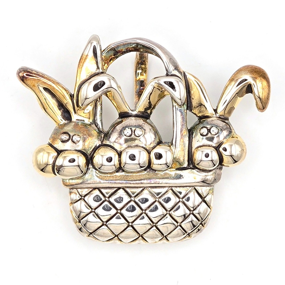 Vintage MJ Jewelry Two Tone Easter Bunny‎ Basket Brooch or Pendant Rabbit